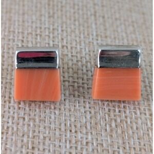 Sterling Silver 925 Genuine Coral Modernist Square Stud Earrings